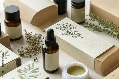 Natural skincare products arranged on a table with botanical elements and eco-friendly packaging