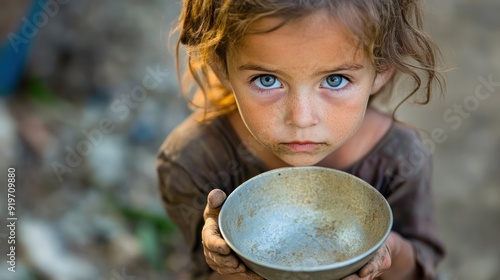 starving child holding an empty bowl