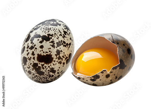 Fresh quail eggs isolated on white background with clipping path, whole and broken farm eggs collection