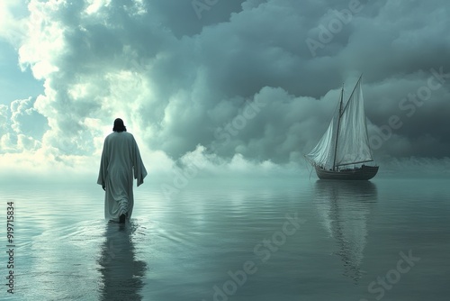 Jesus Christ walking on water toward a fishing boat.