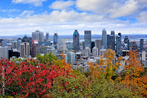 View over the skyline of the city of Montreal with fall colors, Quebec, Canada