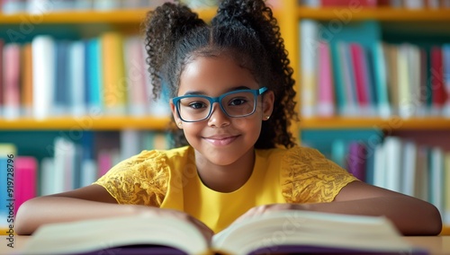 Fille noire, âgée de 10 ans, souriante, lisant un livre, portant des lunettes dans une bibliothèque scolaire.