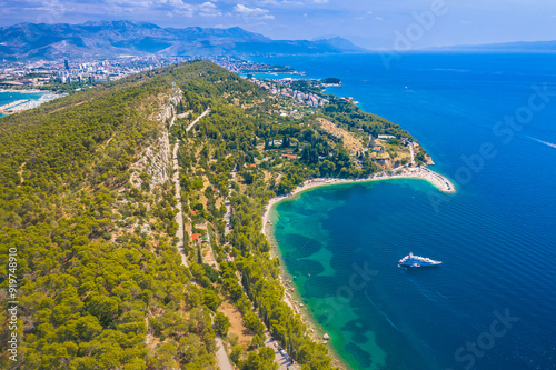 aerial view of the coast of Marjan hill, Split Croatia, famous tourist resort.