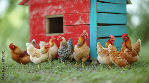 Vibrant Group of Chickens Roaming Freely by Colorful Coop in Pastoral Setting