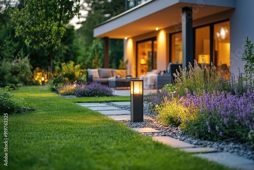 Modern garden lighting illuminating backyard of luxury home at dusk