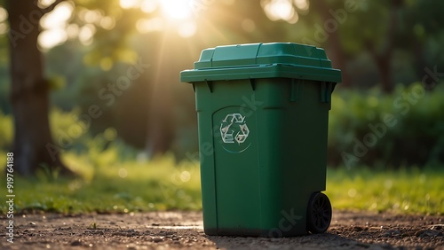 green wheelie waste bin with Nature Background, A trash can