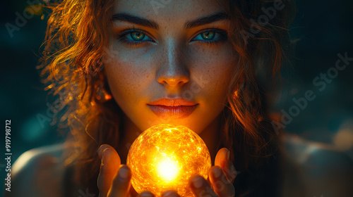 Mystical Woman Holding Illuminated Crystal Ball at Twilight, Intense Stare with Spiritual Energy and Prophecy Vibes