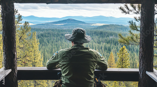 Forest ranger looking out over a pine forest from a fire watchtower, focusing on conservation