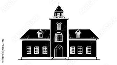 Old schoolhouse with a bell tower, symmetrical design, and large, multi-paned windows, vector illustration art