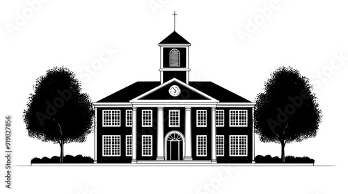 Old schoolhouse with a bell tower, symmetrical design, and large, multi-paned windows, vector illustration art