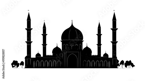 Mosque featuring a large dome, minarets, and a spacious courtyard for congregational prayers, vector illustration art