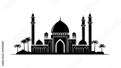 Mosque featuring a large dome, minarets, and a spacious courtyard for congregational prayers, vector illustration art