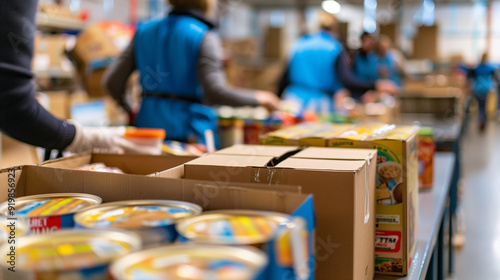 Volunteers organizing canned goods in a community food bank.