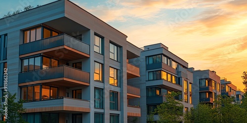 A row of apartment buildings with balconies and a sunset in the background. The buildings are tall and have many windows