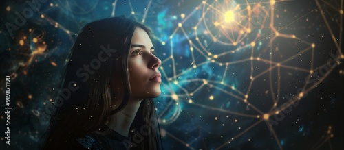 A young woman astrologer against the backdrop of a cosmic landscape reminiscent of a starry sky. Glowing lines and dots form complex patterns around it