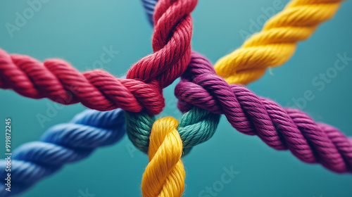 Team building and team strengthening concept symbolised with colorful ropes, created with generative AI technology