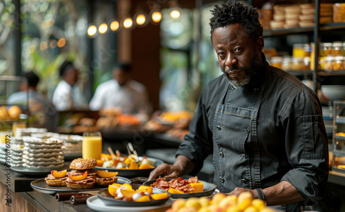 African American chef preparing provincial Australian breakfast dishes in a modern restaurant with glass walls