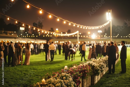 Elegant Evening Horse Racing Event with Guests in Formal Attire and Twinkling Lights for Sophisticated Ambiance