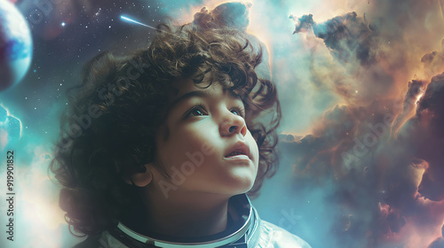 Child in astronaut suit, exploring outer space, gazing at stars, inspiring dreamer child, space adventure concept