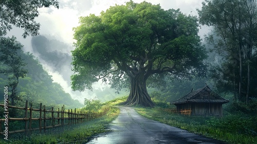 A gigantic tree shades the house