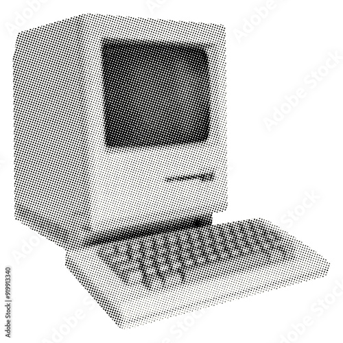 vintage personal computer from 1980s isolated with monitor dark screen keyboard retro halftone collage element