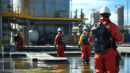 Generate a photo realistic image of workers training on chemical spill response, with spill containment equipment, spill cleanup procedures, and emergency response drills visible