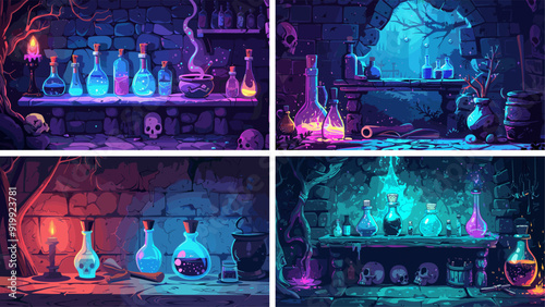 Alchemist workbench cartoon vector scenes. Skulls potions brews vials toxins blend poisons roots stone wall enchanted lab hideout home creepy chemistry witch empty interior concepts