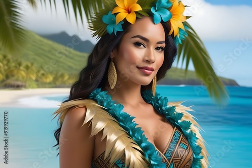 Beautiful asian woman in a hawaiian costume on a tropical beach