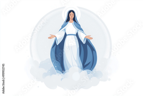 Mary ascending to heaven, flat illustration style