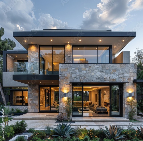 Modern two-story house exterior in Beverly Hills at dusk with contemporary design and landscaped garden