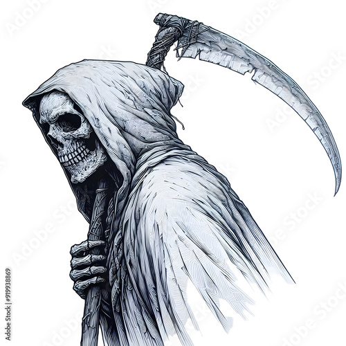 A detailed line drawing of the Grim Reaper, featuring the iconic scythe and hood, on a plain white canvas