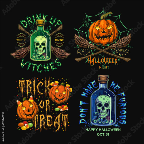 Labels with bottle with skull and poisonous potion, criss crossed brooms, spider web, pumpkin heads, text. Colorful witchy illustrations on black background in vintage style