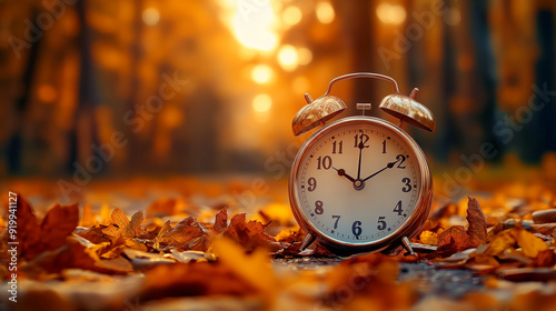 An antique alarm clock among the fall leaves in a park alley during the golden hour. It's time for fall