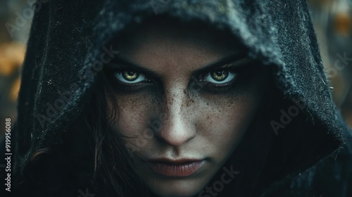 Mysterious woman with piercing eyes in hood 