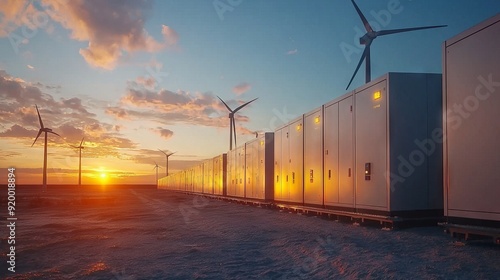 Wind turbines and battery storage facility at sunset