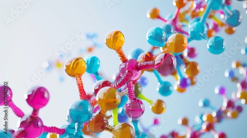 Abstract close-up of a colorful molecular structure with a bokeh effect, representing science, chemistry, and biological research..