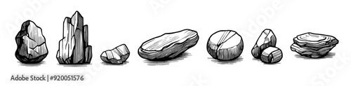 Rock pebble stone line vector engraving outline vector design. Sketch hand drawn stone clipart