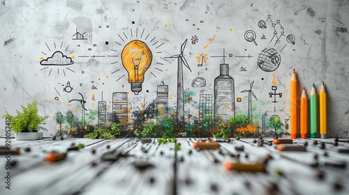 Creative illustration of eco-friendly urban ideas with plants and colored pencils on a concrete background. Concept of sustainable development.