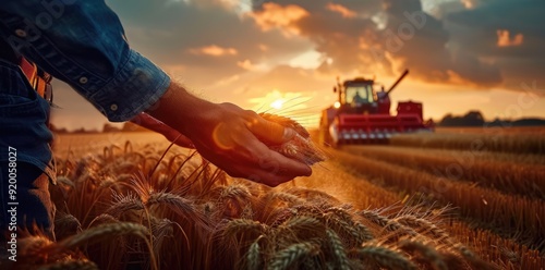 Farmers' bounty: wheat harvesting in field, showcasing tractors in action, abundant wheat spikes, timeless connection between farmers and land they cultivate for sustenance.