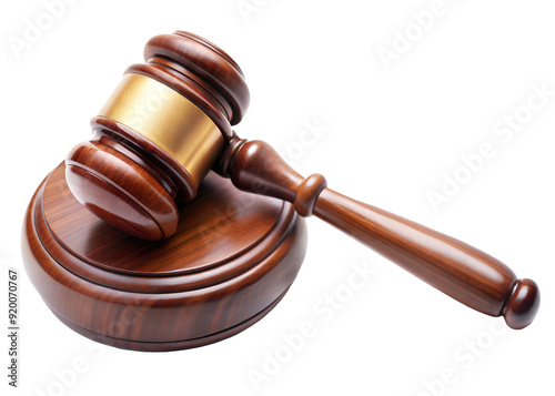 Wooden judge's gavel on a round base for legal decisions isolated on transparent background