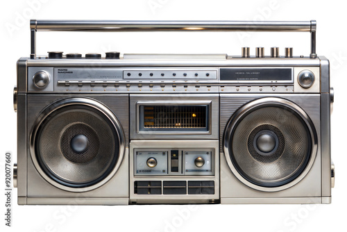 Vintage portable boombox with dual speakers and cassette deck isolated on transparent background