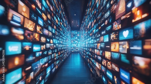 A long blue wall with many screens showing different images. The screens are arranged in a way that they are all overlapping each other. Scene is chaotic and busy, with a sense of information overload