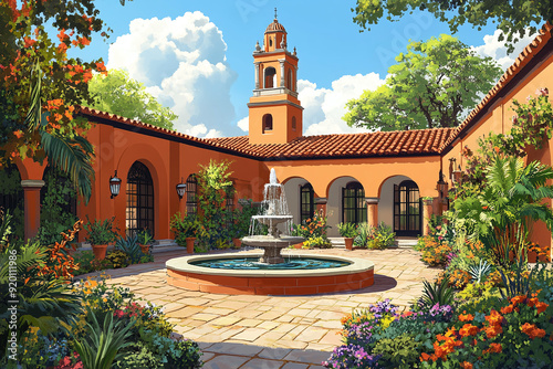 Illustration of a Mexican hacienda with a courtyard and fountain.