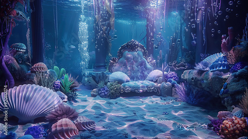 Underwater Mermaid Lair: A shimmering underwater backdrop with a mermaid's lair made of coral and seashells. The podcasters could be seated on a throne of seashells, surrounded by bubbles and fish