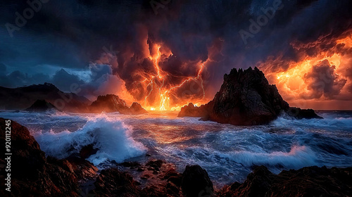 Red lightning storm over the ocean with waves crashing on rocks and beach, volcanic eruption intense energy along the coastline, fiery stormy clouds near sunset