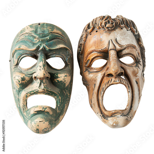 Vintage Greek tragedy and comedy masks depicting emotional expressions. Ideal for performance, theater, or dramatic illustrations.