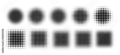 Circle halftone. Abstract dotted circles, round halftones geometric dots gradient and pop art texture. Dot spray gradation vector set. Illustration halftone gradient spotted, effect round