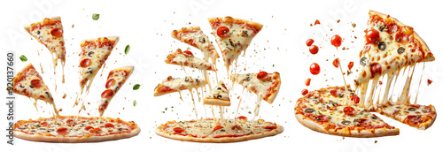 Colorful pizzas set isolated on transparent background with vibrant toppings and detailed designs delicious and artistic