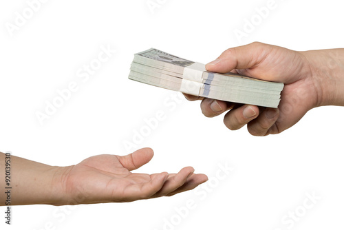 Hands giving money. A financial transaction between two parties