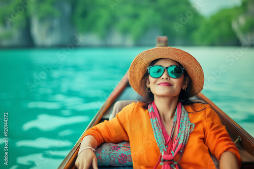 Asian woman wearing hat and orange tunic relaxing on a boat in Thailand